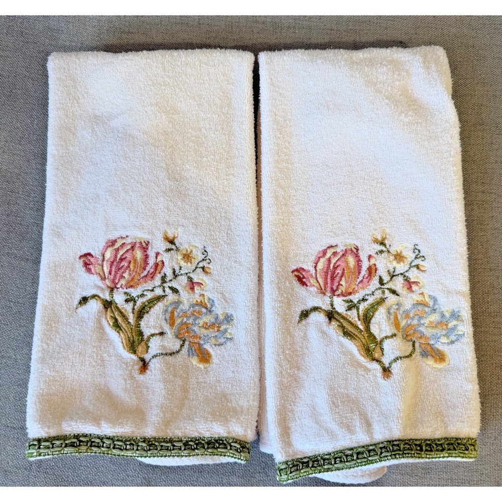 Vintage Avanti Rose Floral Embroidered Hand Towels Set 2 Cotton Guest Bath Decor